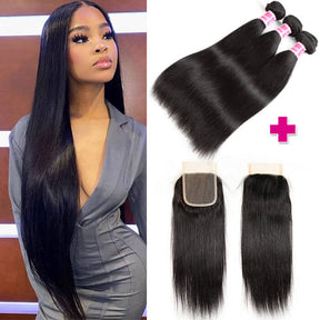 Bone Straight Virgin Hair 3 Bundles with 4x4 Transparent Lace Closure Pre Plucked