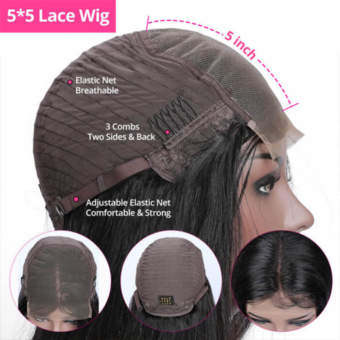 5x5 HD Invisible Lace Closure Wigs Straight Hair Glueless Human Hair Wigs