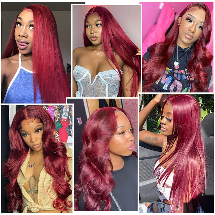 99J Burgundy Colored Human Hair 5x5 HD Lace Closure Wigs Straight & Body Wave | Burgundy Bombshell