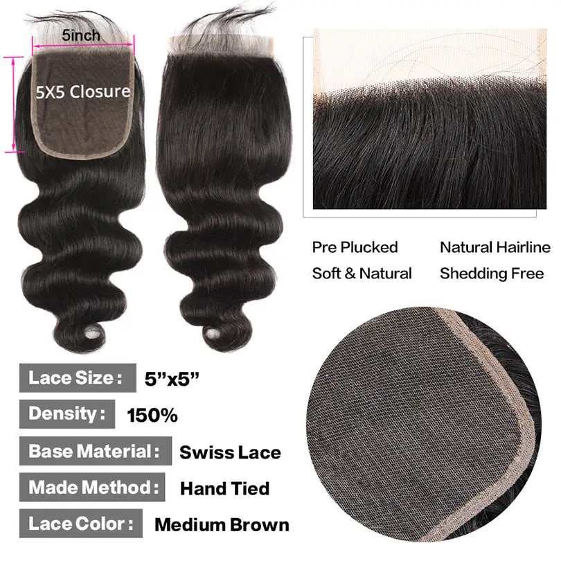 Body Wave Hair Bundles With Closure Virgin Huaman Hair Bundles And 4x4 Closure