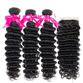 Deep Wave 3 Bundles Hair Weft With 4x4 Lace Closure Virgin Human Hair