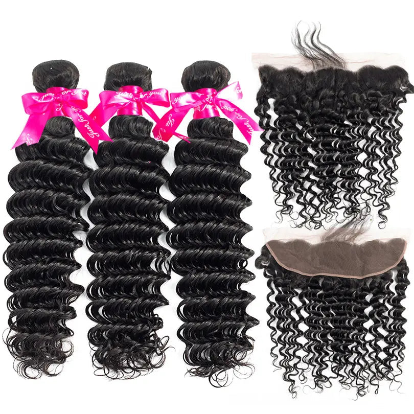 Deep Wave 3 Bundles Virgin Human Hair Weft With 13x4 Frontal Closure