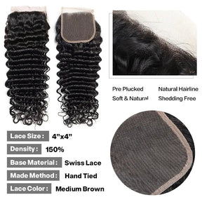 Deep Wave 3 Bundles Hair Weft With 4x4 Lace Closure Virgin Human Hair