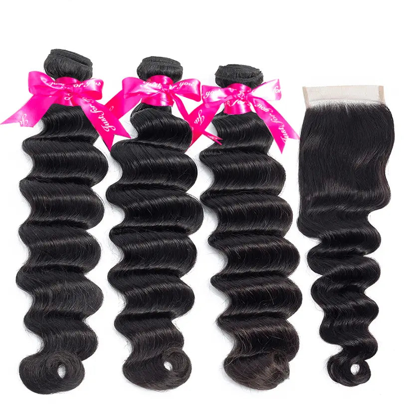 Loose Deep 3 Bundles Hair Weft With 4x4 Lace Closure Virgin Human Hair