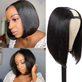 U Part Wig Bob Straight Human Hair Wigs 150% Density Natural Color With Straps Combs