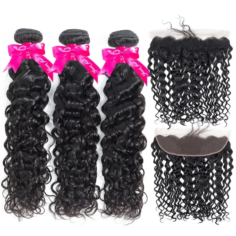 Water Wave 3 Bundles Virgin Human Hair Weft With 13x4 Frontal Closure