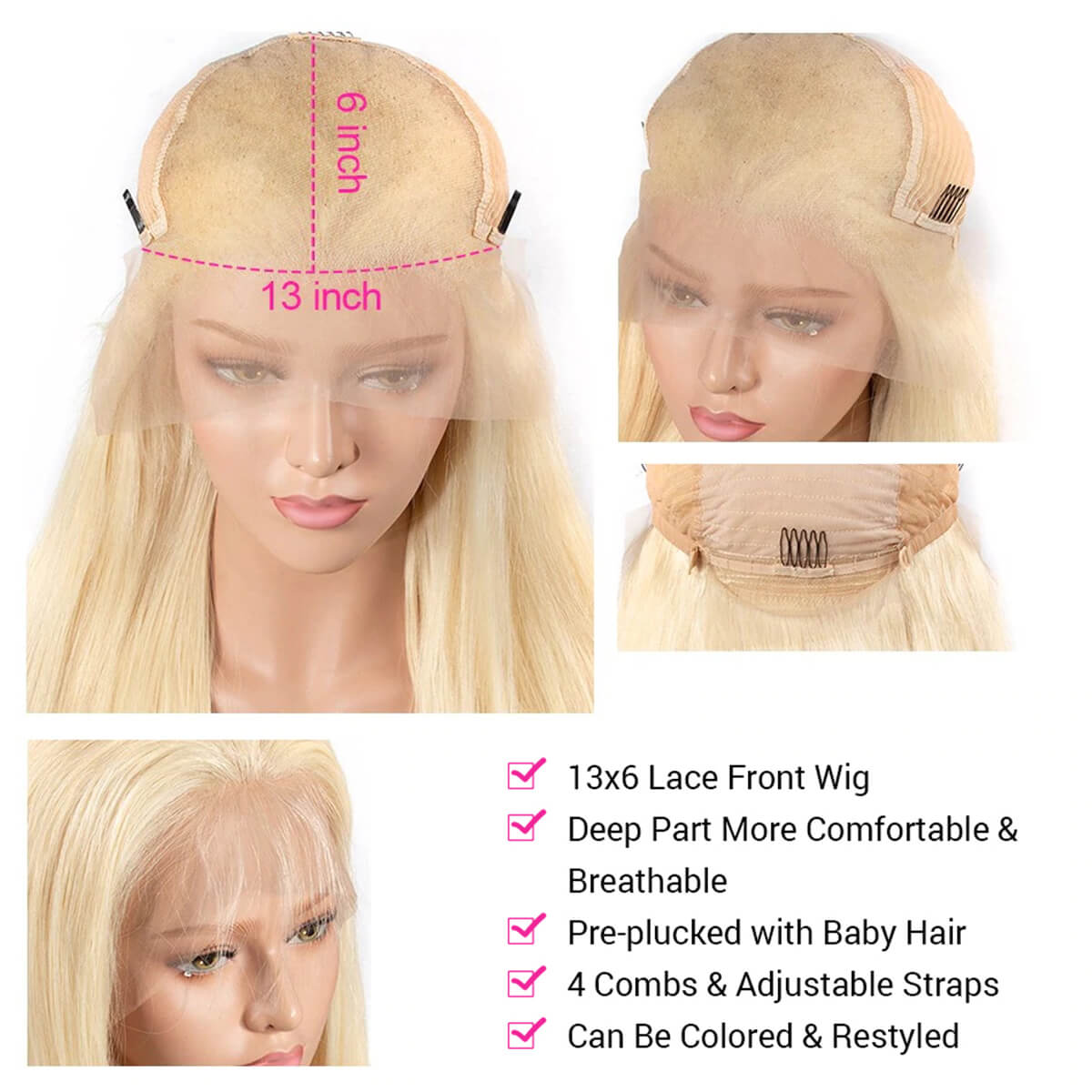 613 Blonde Color 13*6 HD Lace Frontal Silk Straight Human Hair Wigs