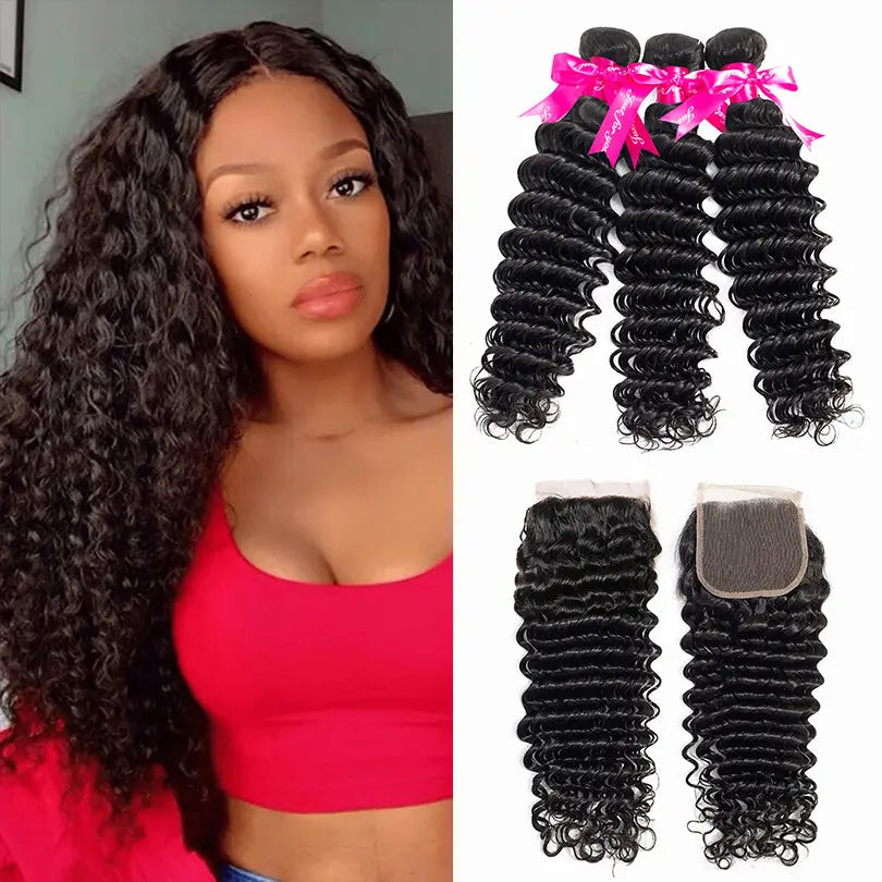 Deep Wave 3 Bundles Hair Weft With 4x4 Lace Closure Virgin Human Hair