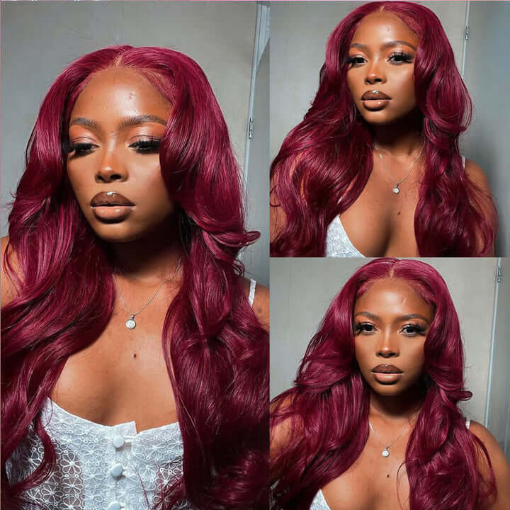 99J Burgundy Colored Human Hair 5x5 HD Lace Closure Wigs Straight & Body Wave | Burgundy Bombshell